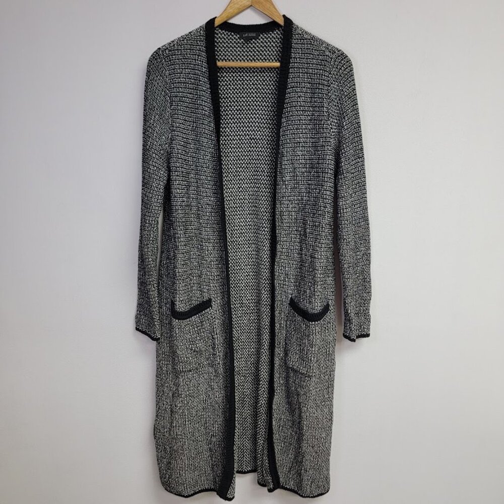 J Jill Wearever Collection Open Long Duster Cardigan Size XS Black White Pockets